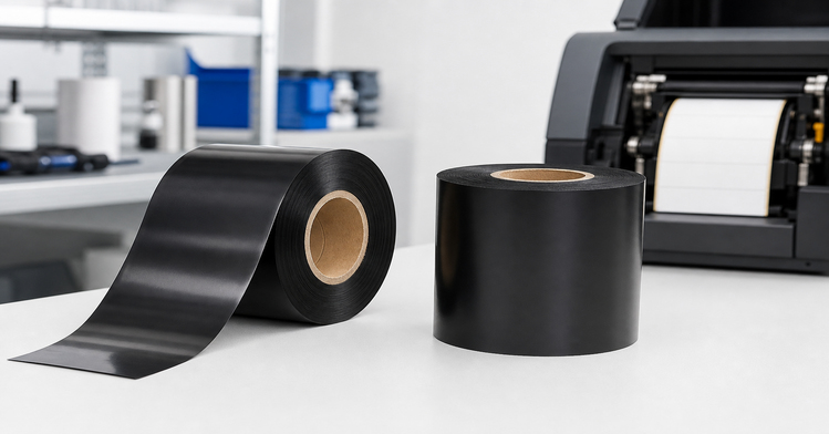Bobine ribbon ink-in e ink-out confrontate in un contesto professionale di stampa etichette